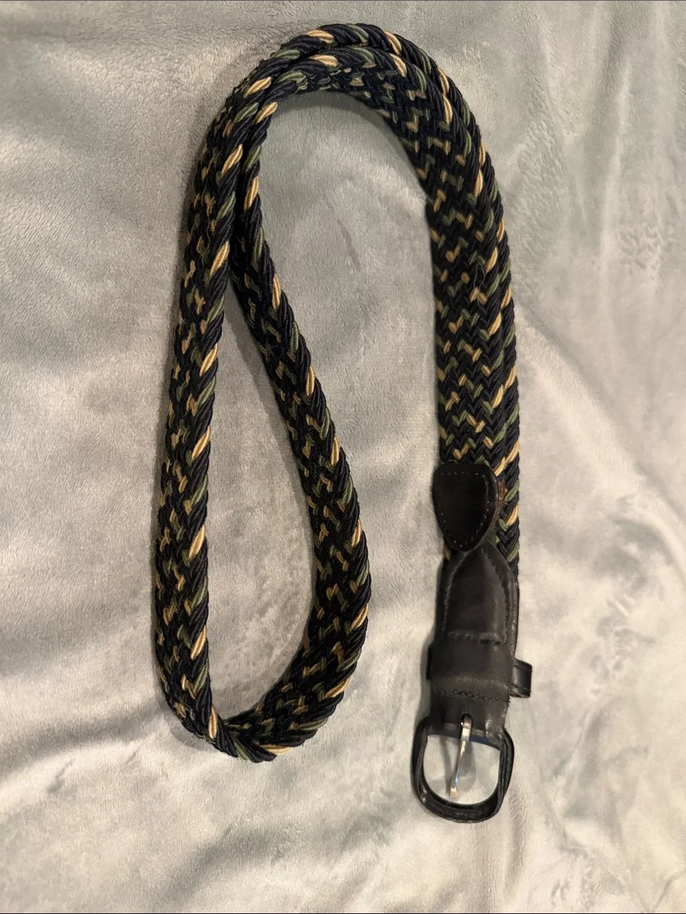 Braided Elastic Belt in Black and Tan with Leather Trim